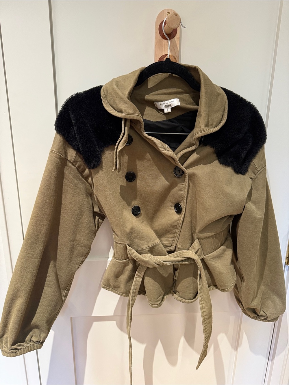 Marissa Webb Olive Green Short Trench with Black Fur Collar